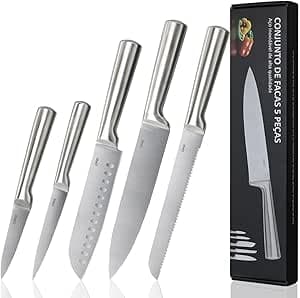 LUMAI Original Conjunto de 5 Facas Grandes de Cozinha Zurich Robusto em Aço Inoxidável 3CR13 com Lâminas Inteiriças – Forja Prolongada para Robustez, Anti ferrugem, Ultra Afiadas e Precisão Suíça