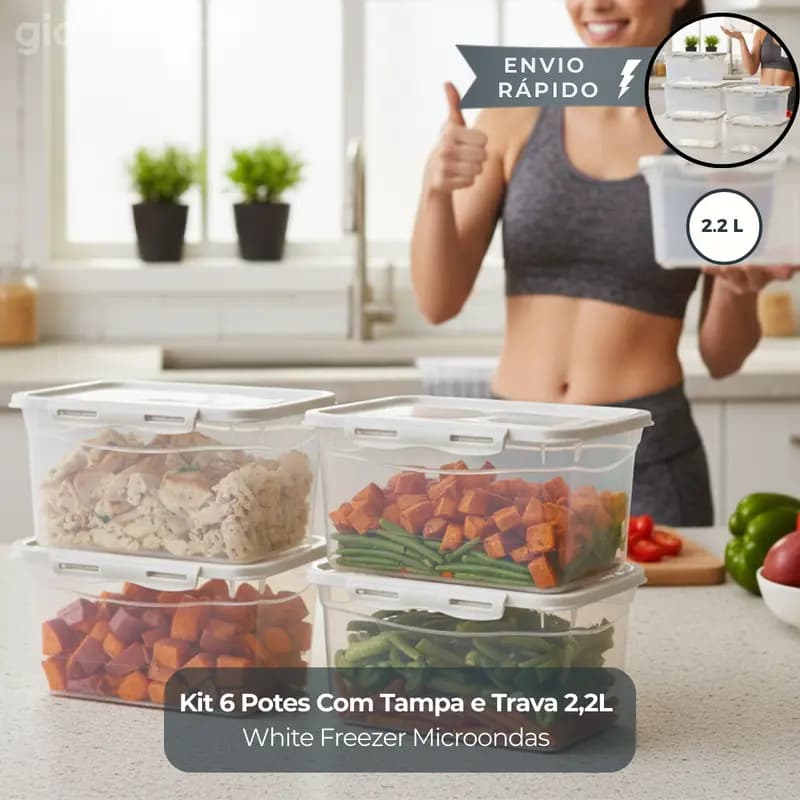 Kit 6 Potes Com Tampa e Trava 2,2L Alto Off White armazenamento alimentos cozinha freezer microondas